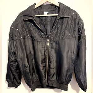 Fuda International Vintage 90s Gold Studded Black Bomber Jacket Silk Exterior L
